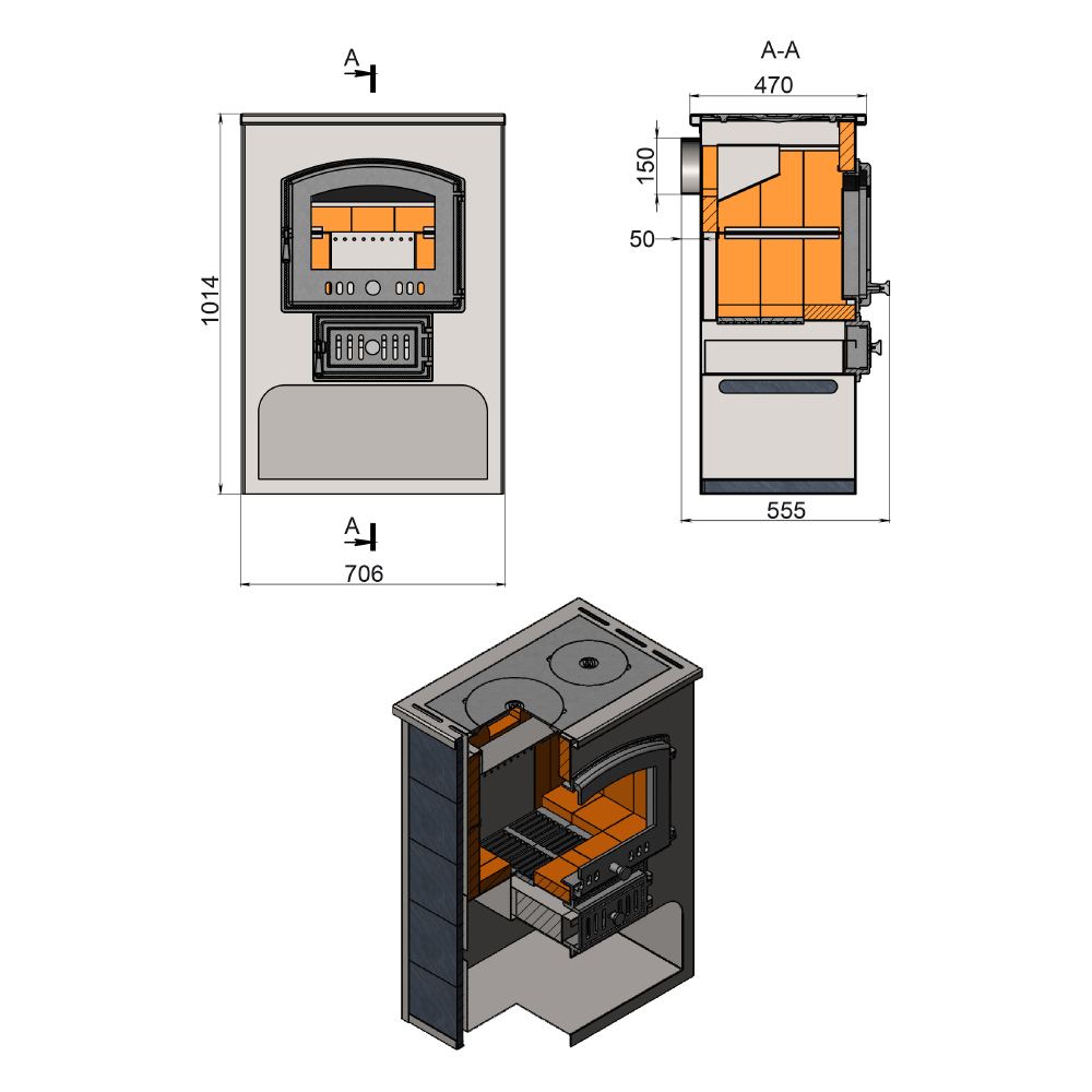 Печь-камин Везувий ПК-03 (224) с плитой (красная) (миниатюра)