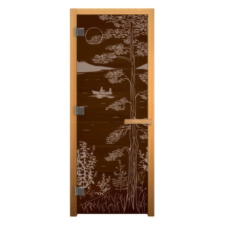   Дверь для бани/сауны LK Бронза с рисунком \Тайга\(Размер полотна 1900х700 мм, Петли 3 петли 716 CR (слева), Материал коробки Осина)