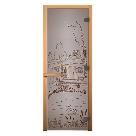   Дверь для бани/сауны LK Сатин Матовая с рисунком \Банька\(Размер полотна 1900х700 мм, Петли 3 петли 710 (слева), Материал коробки Осина)