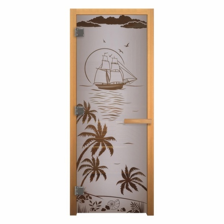   Дверь для бани/сауны LK Сатин Матовая с рисунком \Лагуна\(Размер полотна 1900х700 мм, Петли 3 петли 710 (слева), Материал коробки Осина)