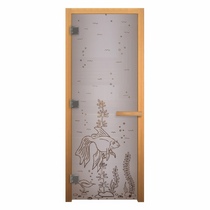   Дверь для бани/сауны LK Сатин Матовая с рисунком \Рыбка\ 1900х700мм (осина)(8 мм, 3 петли 710 (справа))