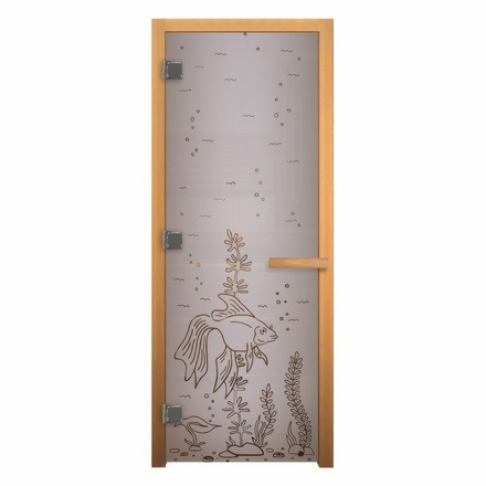   Дверь для бани/сауны LK Сатин Матовая с рисунком \Рыбка\ 1900х700мм (осина)(8 мм, 3 петли 710 (справа))