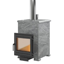   Дровяная печь для бани Везувий Легенда Русский Пар 18 (505) Next в облицовке(Облицовка Пироксенит Элит, S-40, Камни -)