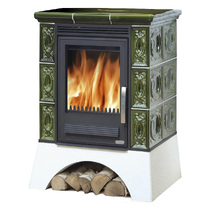   Кафельная печь-камин ABX Helvetia KP (белый цоколь, вставка комбо)(зелёный)