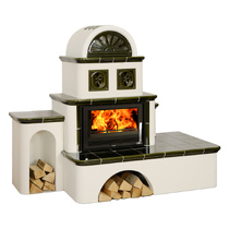   Кафельная печь-камин ABX Oxford(Зеленый, банкетка справа)