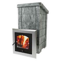   Дровяная печь для бани VVD Сударушка Семейная РК(Материал облицовки Пироксенит BLACK, Дверца Дверца стальная окрашенная со стеклом, Фаски Без фасок)