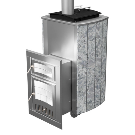   Дровяная печь для бани VVD Чародейка М Русский пар(Серпентинит Бархат, AISI 439, Сбоку)