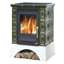   Кафельная печь-камин ABX Helvetia K (белый цоколь, вставка комбо)(зеленый)