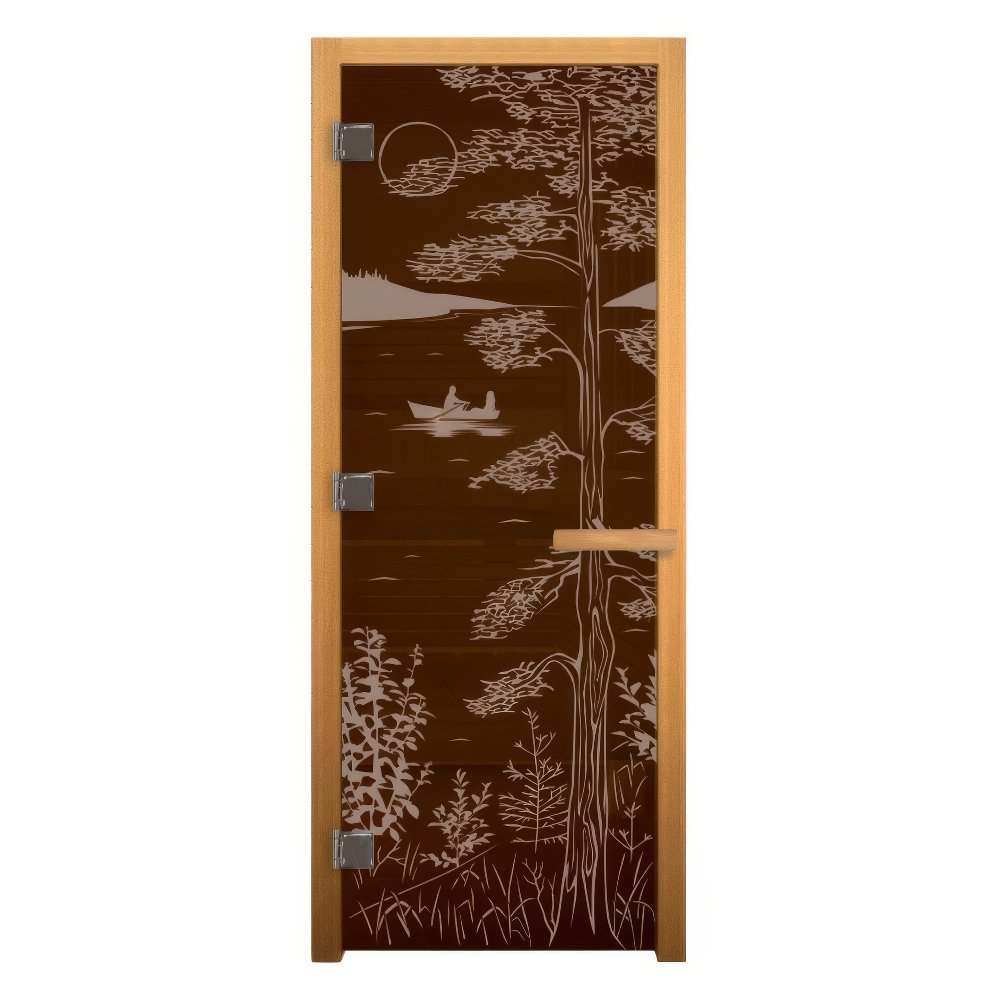   Дверь для бани/сауны LK Бронза с рисунком \Тайга\(Размер полотна 1900х700 мм, Петли 3 петли 716 CR (слева), Материал коробки Осина)