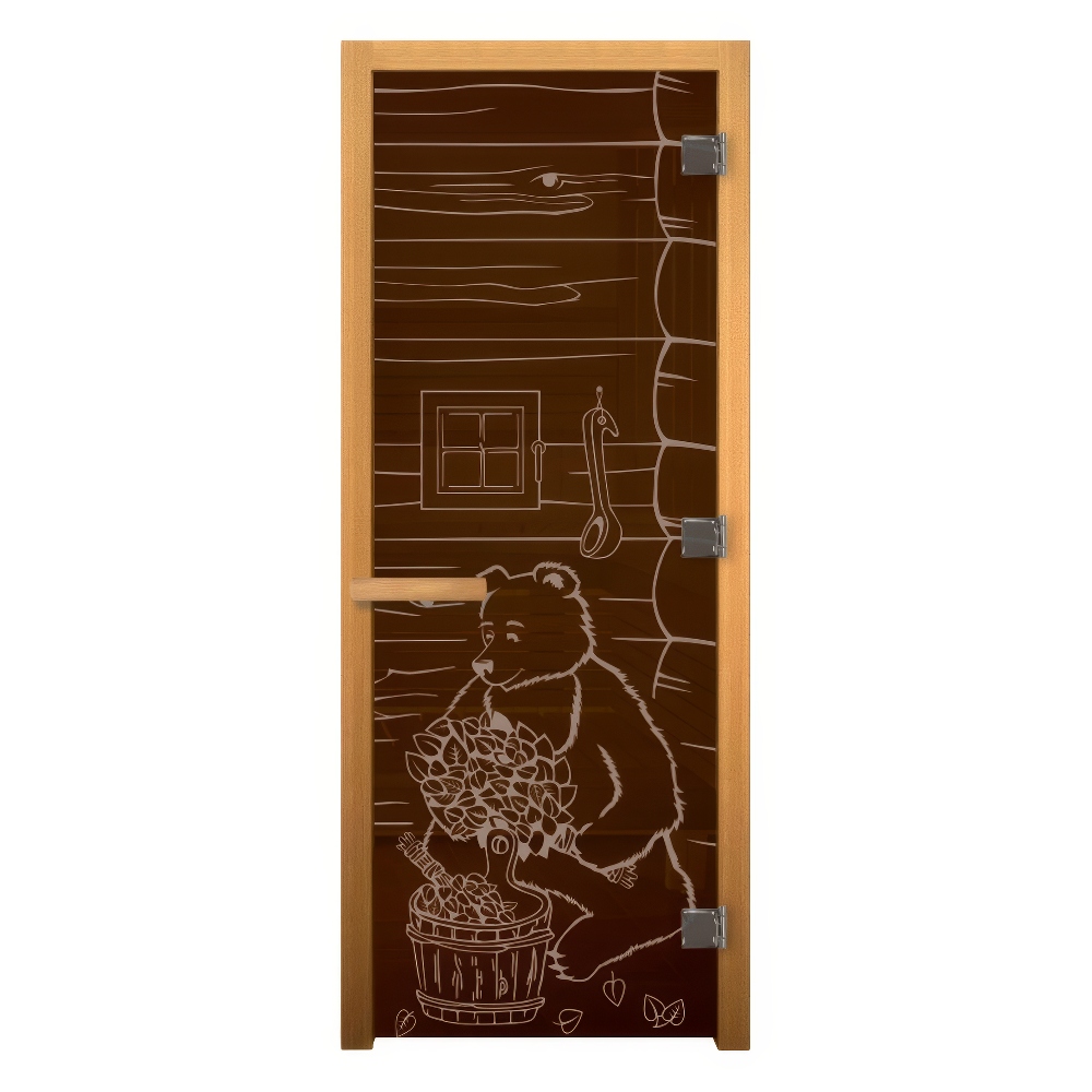   Дверь для бани/сауны LK Бронза с рисунком \Мишка\(Размер полотна 1900х700 мм, Петли 3 петли 716 GB (слева), Материал коробки Осина)
