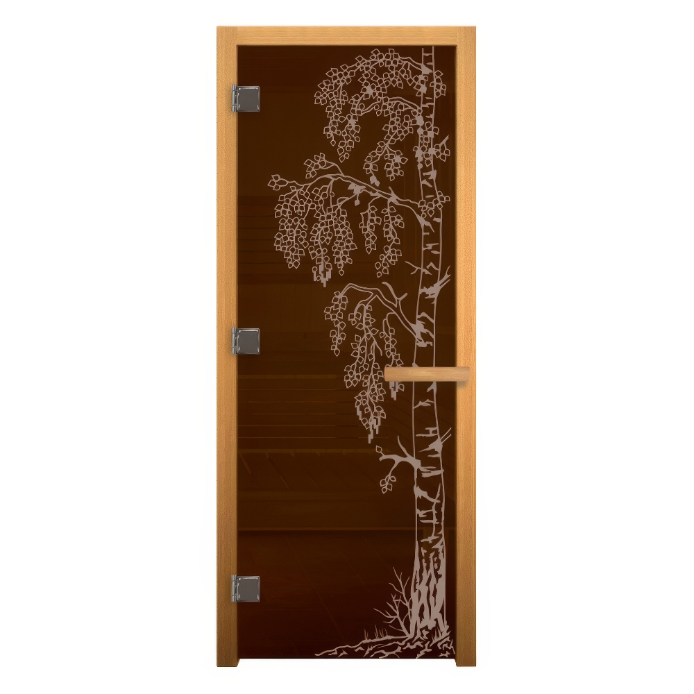   Дверь для бани/сауны LK Бронза с рисунком \Берёзка\(Размер полотна 1900х700 мм, Петли 3 петли 710 CR (справа), Материал коробки Осина)