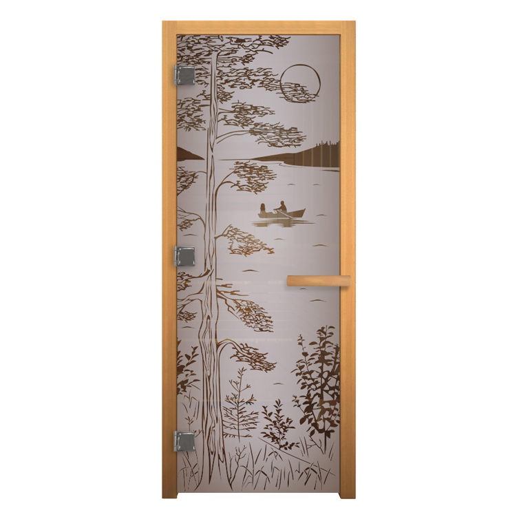   Дверь для бани/сауны LK Сатин Матовая с рисунком \Тайга\(Размер полотна 1900х700 мм, Петли 3 петли 710 (справа), Материал коробки Осина)