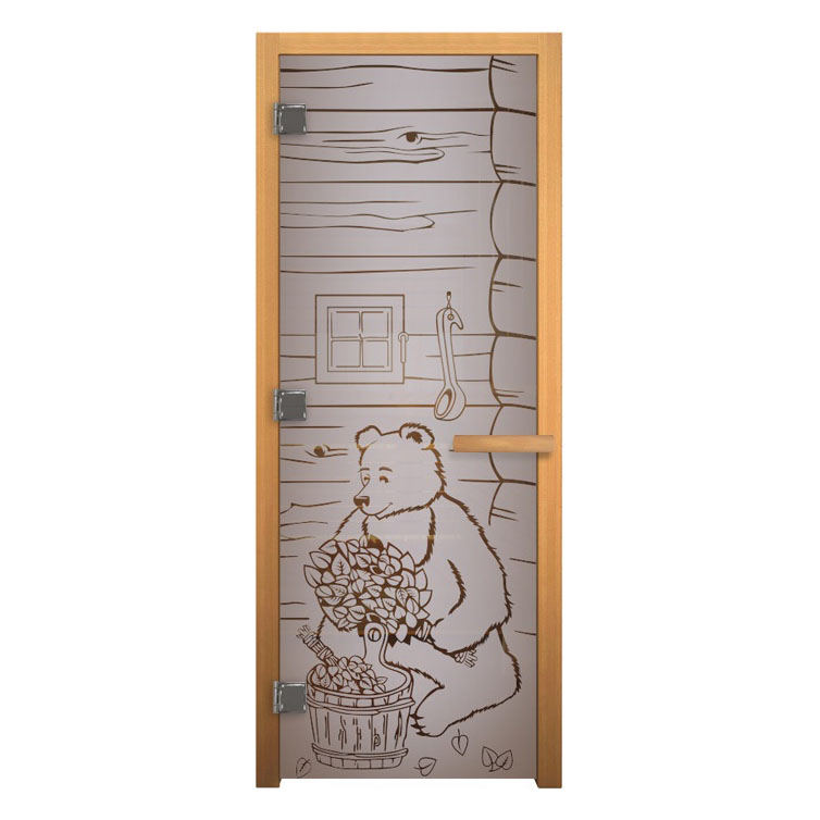   Дверь для бани/сауны LK Сатин Матовая с рисунком \Мишка\(Размер полотна 1900х700 мм, Петли 3 петли 710, Расположение справа)