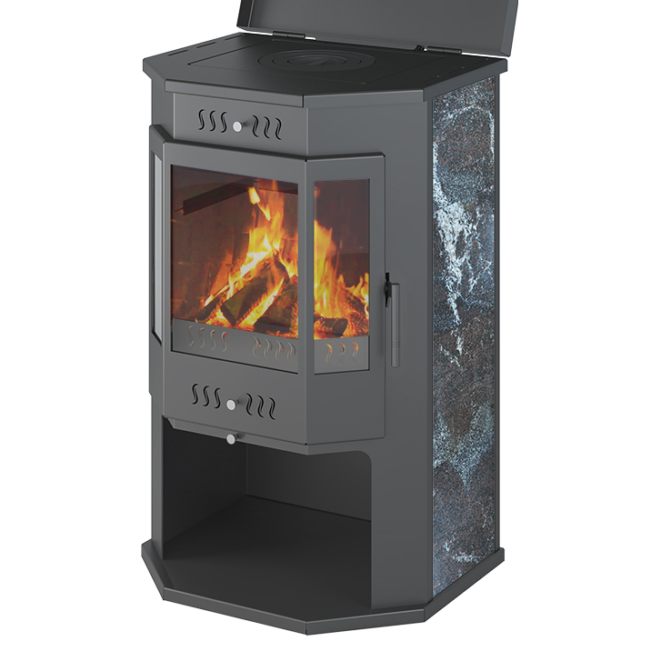   Печь-камин Aston 12 кВт Призматик в камне с плитой(Пироксенит Элит)