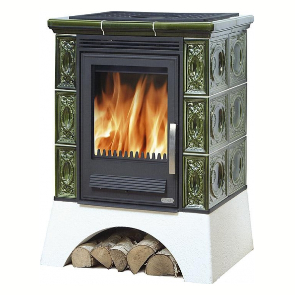   Кафельная печь-камин ABX Helvetia LPI (белый цоколь, чугунная вставка)(Зеленый)