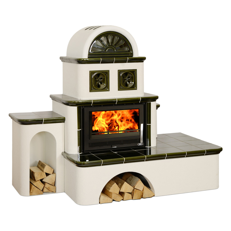   Кафельная печь-камин ABX Oxford с теплообменником(Зеленый, банкетка справа)