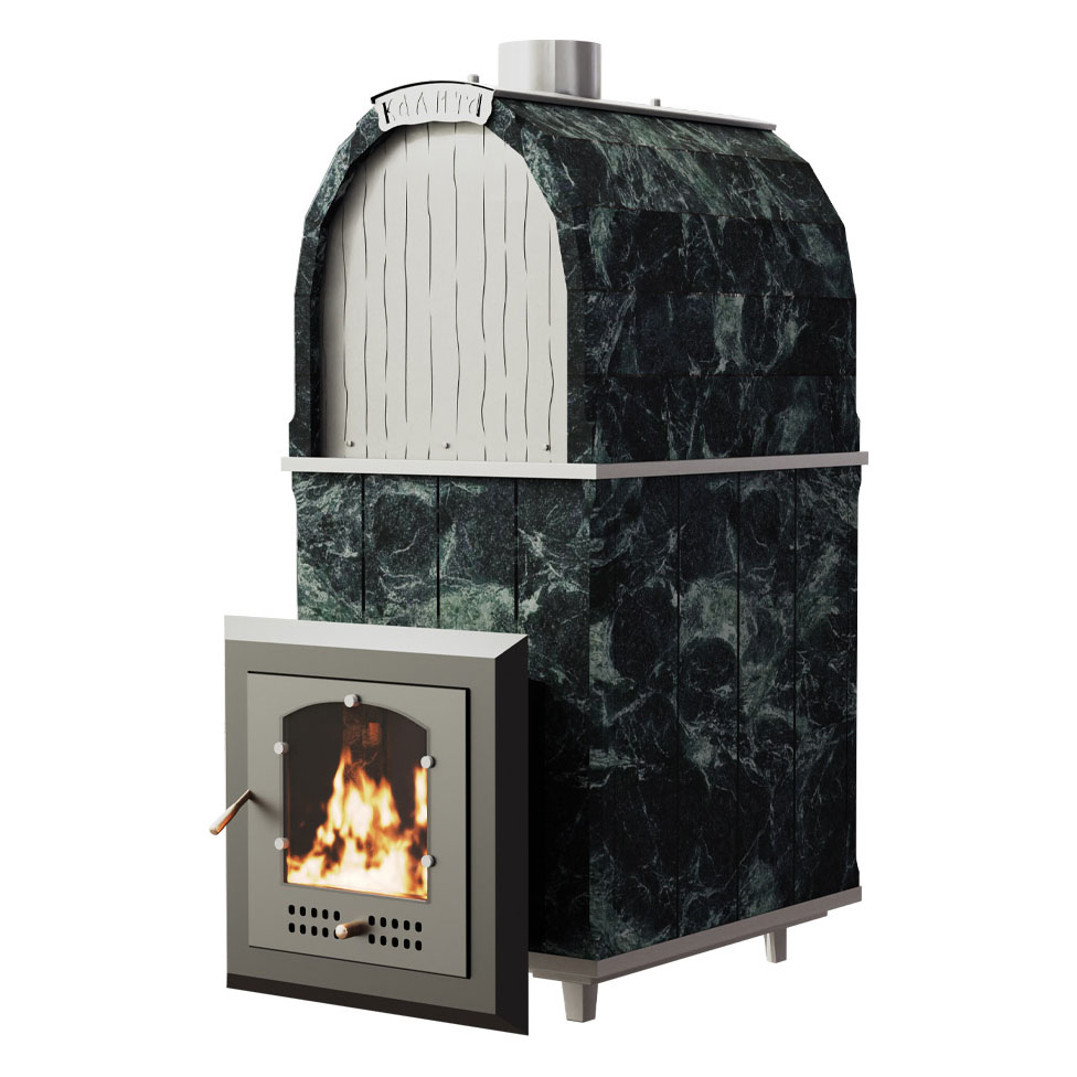   Дровяная печь для бани VVD Калита М арочная Pro(Материал облицовки Пироксенит BLACK, Дверца Чугунная с чугунным порталом)