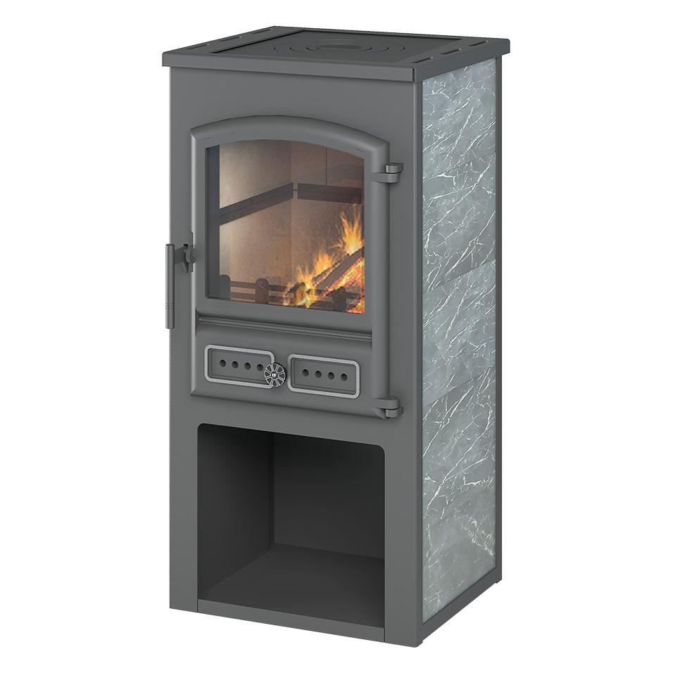   Печь-камин Etna (Этна) БКД с плитой в камне(Амфиболит)