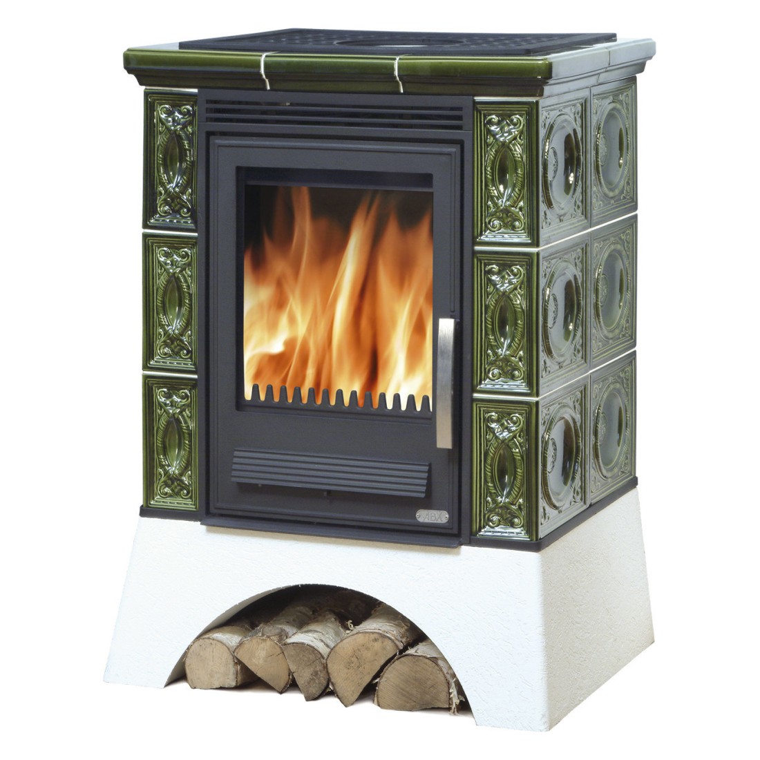  Кафельная печь-камин ABX Helvetia K (белый цоколь, вставка комбо)(зеленый)
