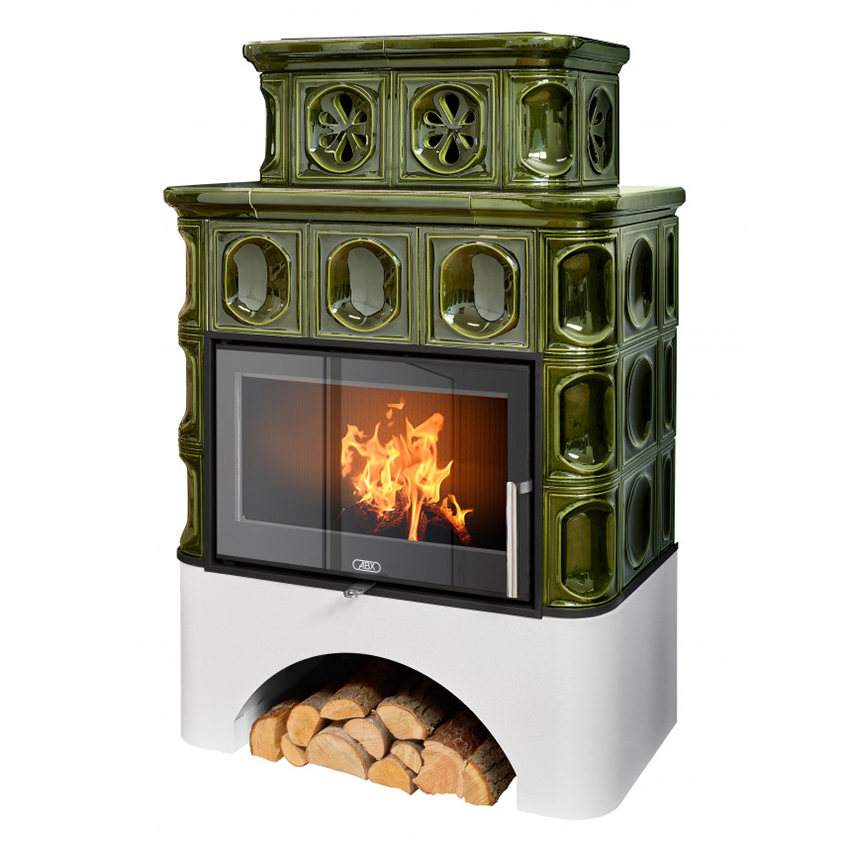   Кафельная печь-камин ABX Karelie Exclusive (белый цоколь, стальная вставка)(Зеленый)