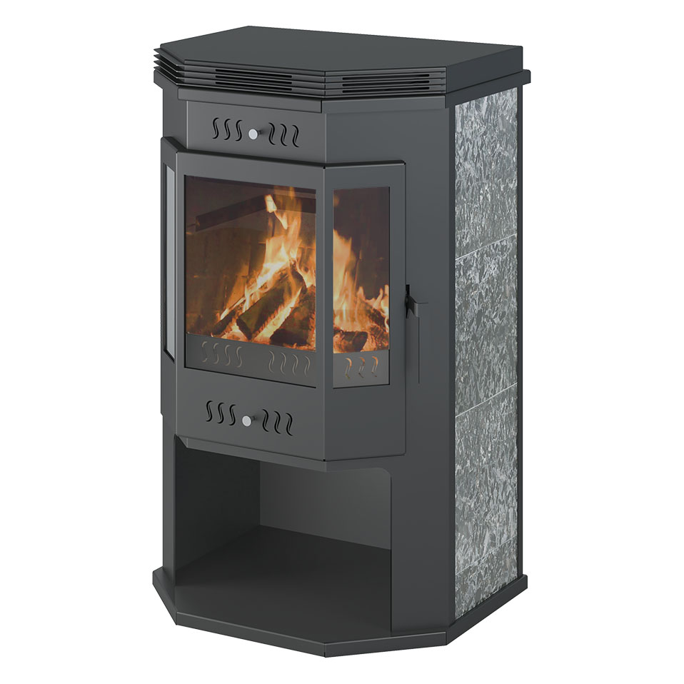 Печь-камин Везувий ПК-05 Призматик с плитой в камне (Пироксенит Элит)