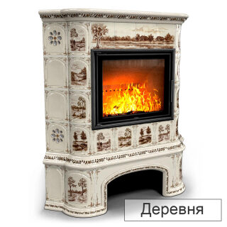 Каминная облицовка КимрПечь Прованс с дровником угловая МЛ-700(Исполнение Роспись, Цвет / Декор Деревня)