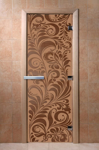 Дверь для бани/сауны DoorWood Хохлома бронза матовая(Размер 1800*600 мм, Расположение Правая)