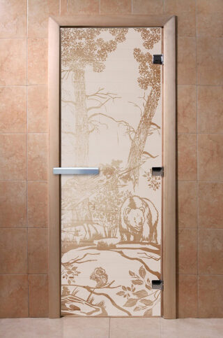 Дверь для бани/сауны DoorWood Мишки сатин(Размер 1900*600 мм, Расположение Правая)