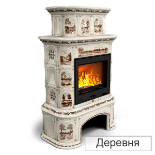 Каминная облицовка КимрПечь Прованс с дровником центральная двухъярусная Л-600(Исполнение Роспись, Цвет / Декор Деревня)