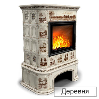 Каминная облицовка КимрПечь Прованс с дровником пристенная МЛ-700(Исполнение Роспись, Цвет / Декор Деревня)