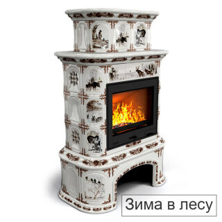 Каминная облицовка КимрПечь Прованс с дровником центральная декоративная двухъярусная (Исполнение Роспись, Цвет / Декор Зима в лесу)