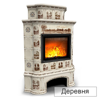 Каминная облицовка КимрПечь Прованс с дровником угловая двухъярусная МЛ-700(Исполнение Роспись, Цвет / Декор Деревня)