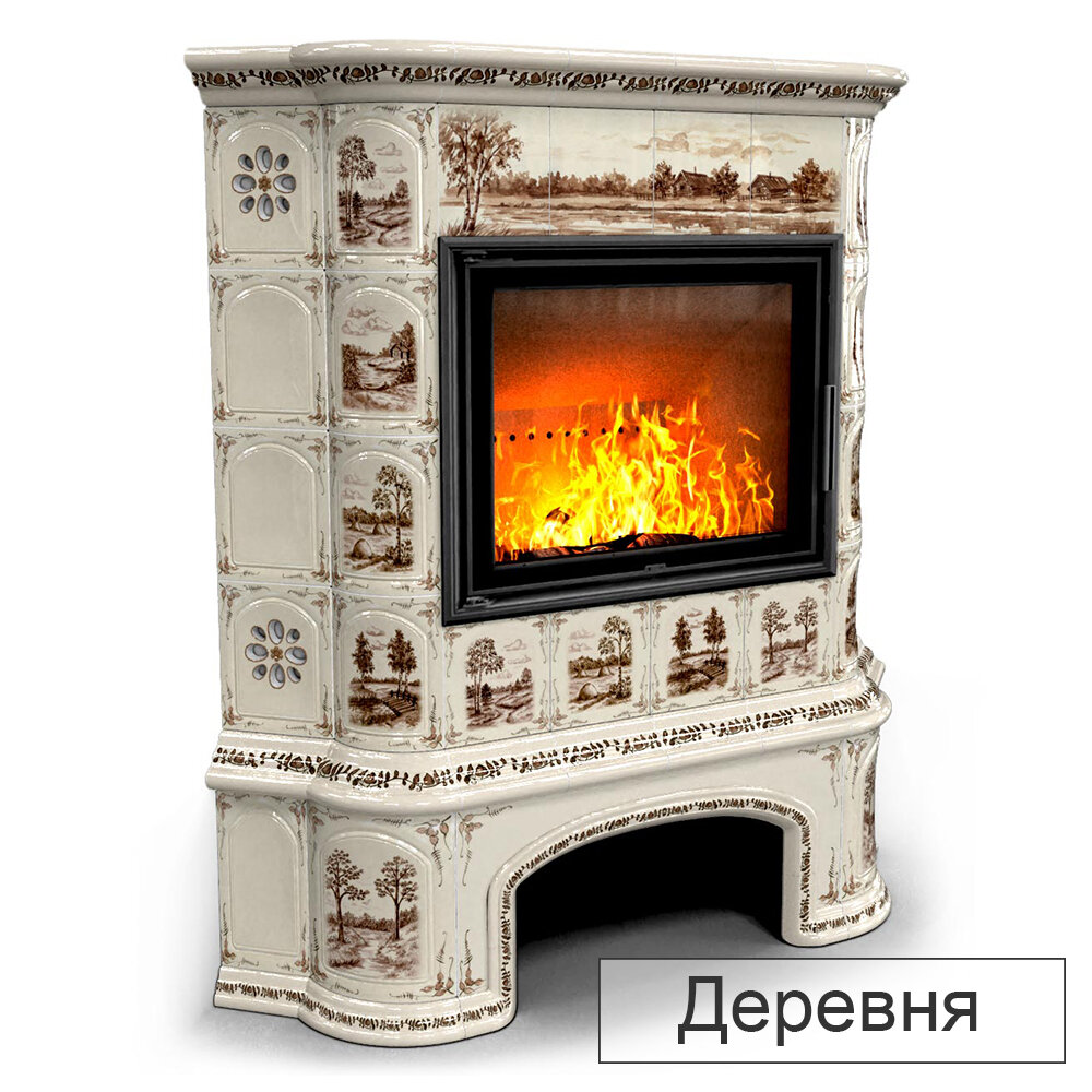 Каминная облицовка КимрПечь Прованс с дровником угловая МЛ-700(Исполнение Роспись, Цвет / Декор Деревня)