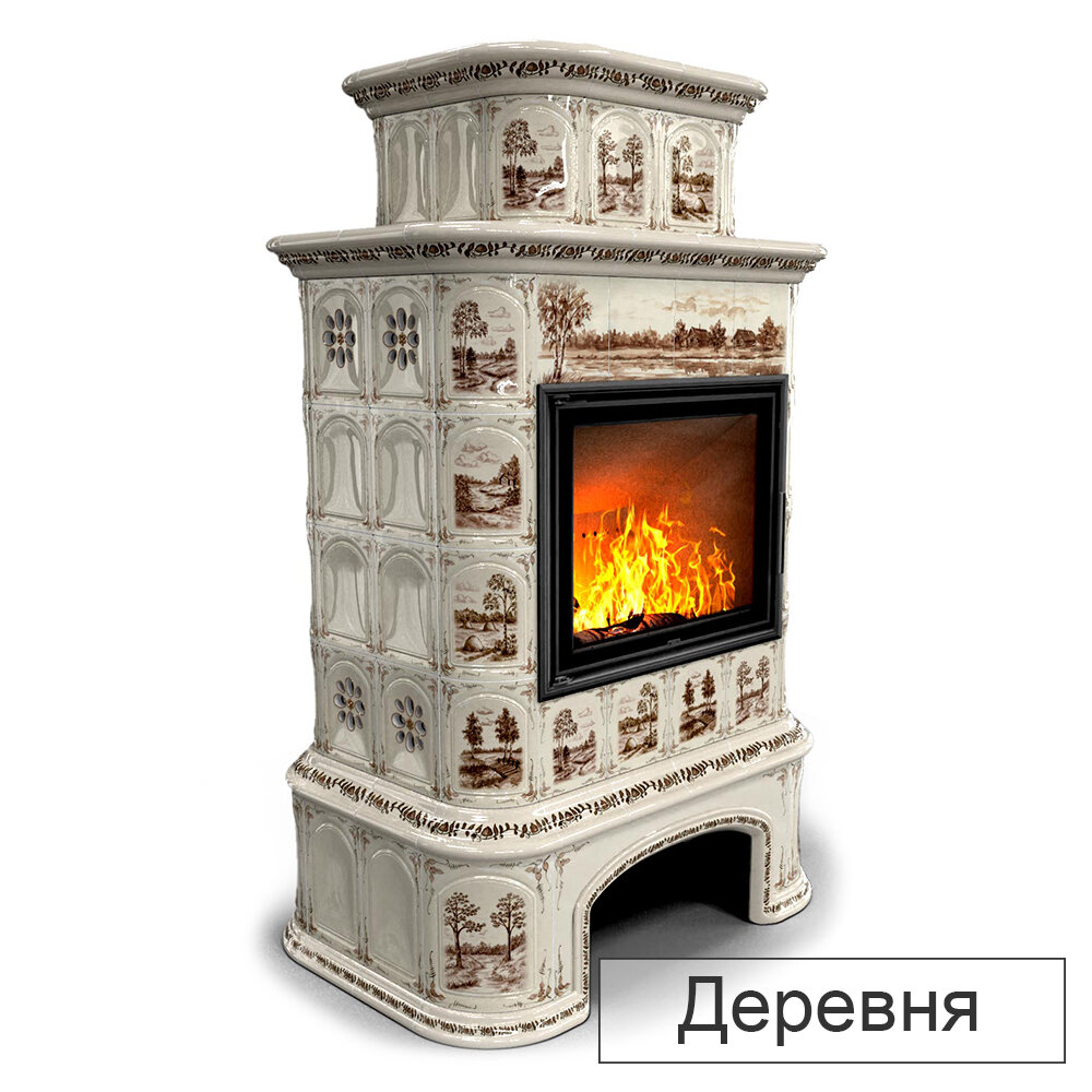 Каминная облицовка КимрПечь Прованс с дровником центральная двухъярусная МЛ-700(Исполнение Роспись, Цвет / Декор Деревня)