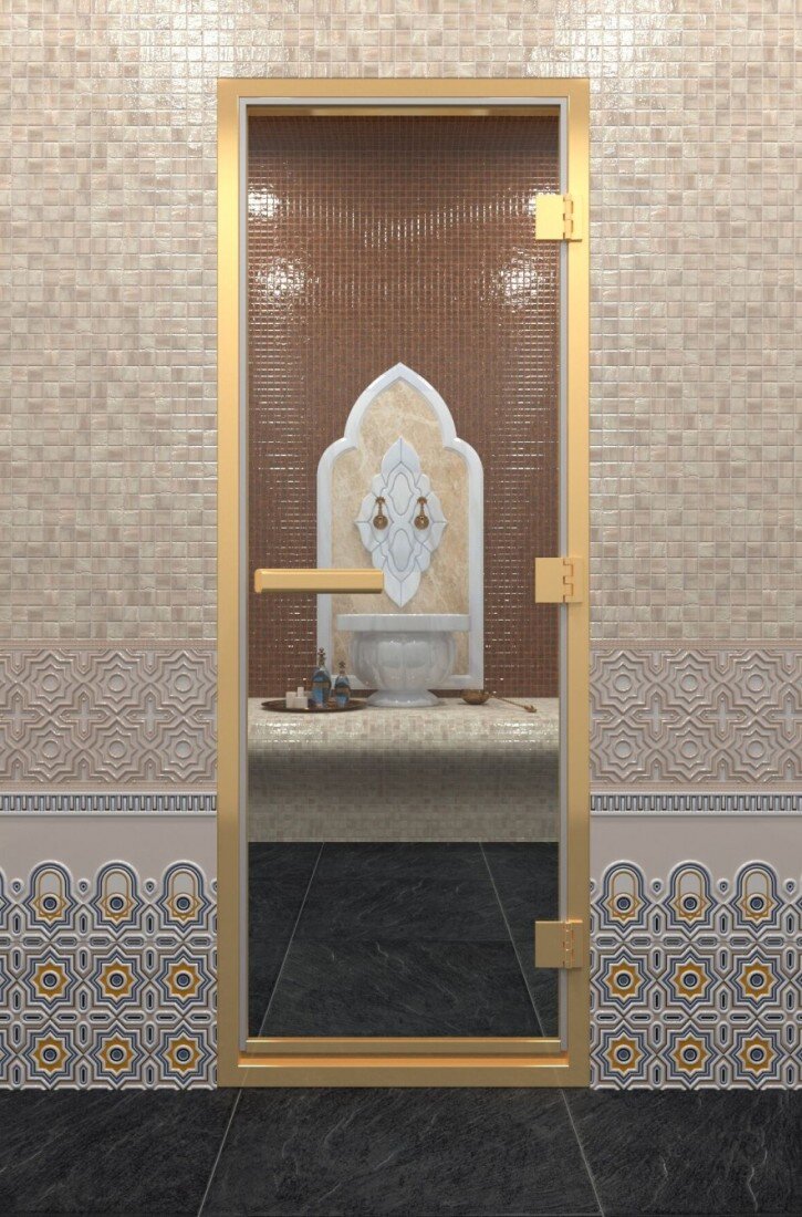 Дверь DoorWood Хамам в золотом профиле(Размер 2100*800 мм, Цвет стекла Сатин, Расположение Правая)
