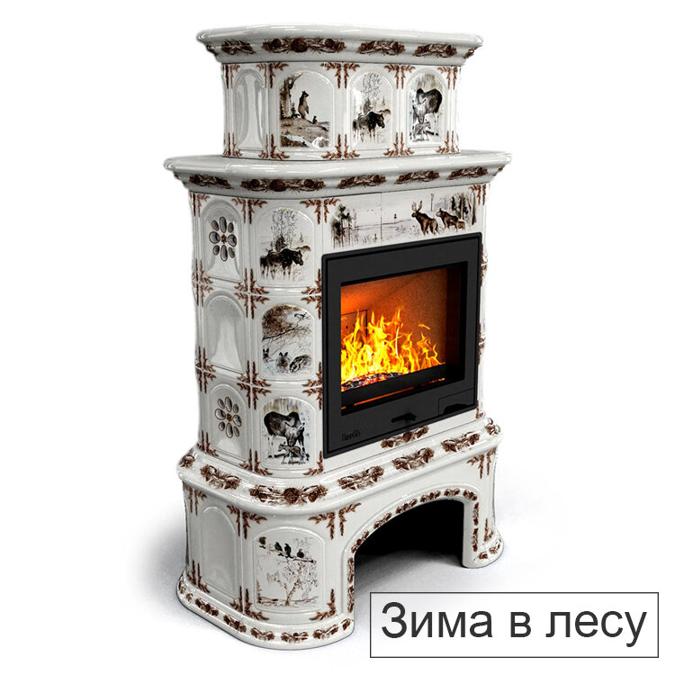 Каминная облицовка КимрПечь Прованс с дровником пристенная двухъярусная Л-600(Исполнение Роспись, Цвет / Декор Зима в лесу)