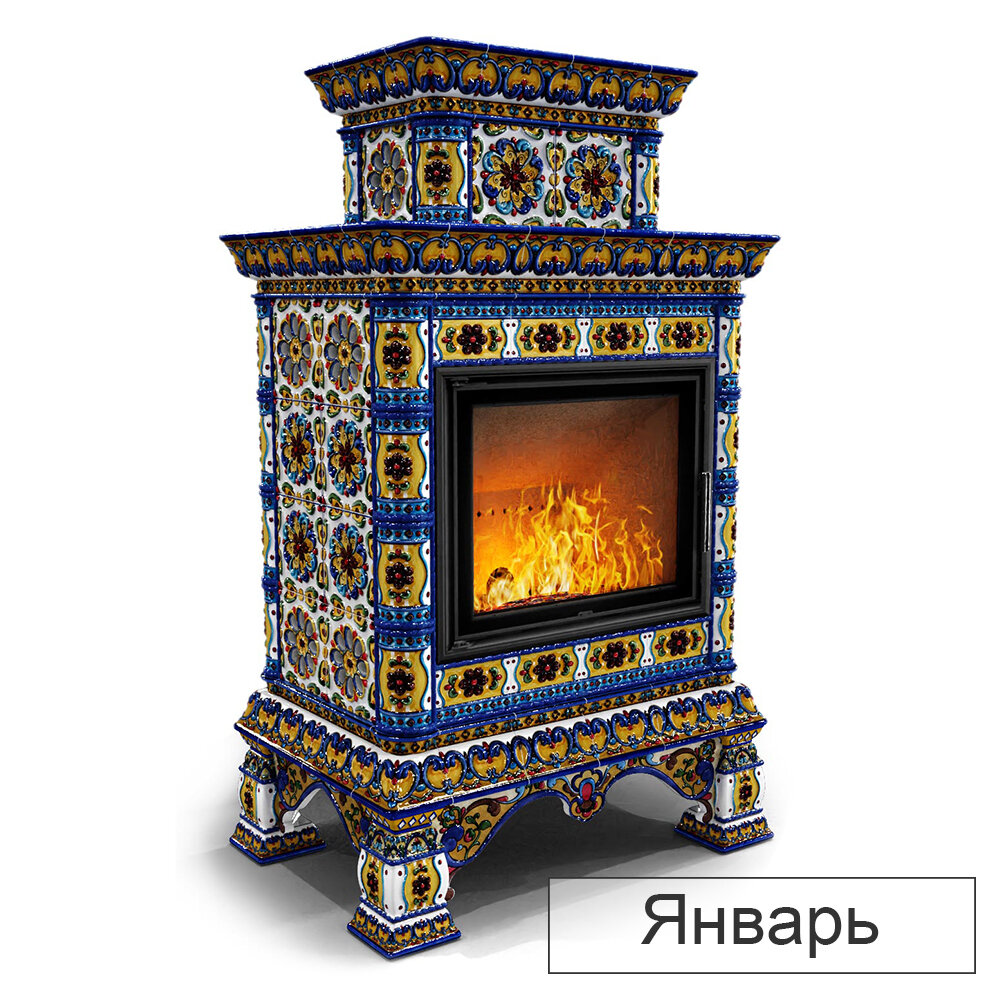 Каминная облицовка КимрПечь Кострома двухъярусная пристенная МЛ-700(Исполнение Роспись, Цвет / Декор Январь)