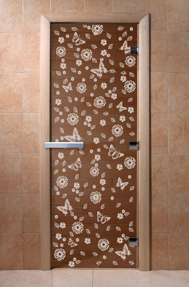 Дверь для бани/сауны DoorWood Цветы и бабочки бронза(Размер 1800*600 мм, Расположение Правая)