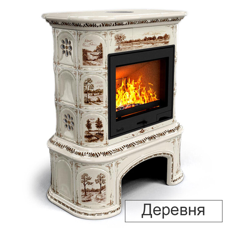 Каминная облицовка КимрПечь Прованс с дровником центральная Л-600(Исполнение Роспись, Цвет / Декор Деревня)