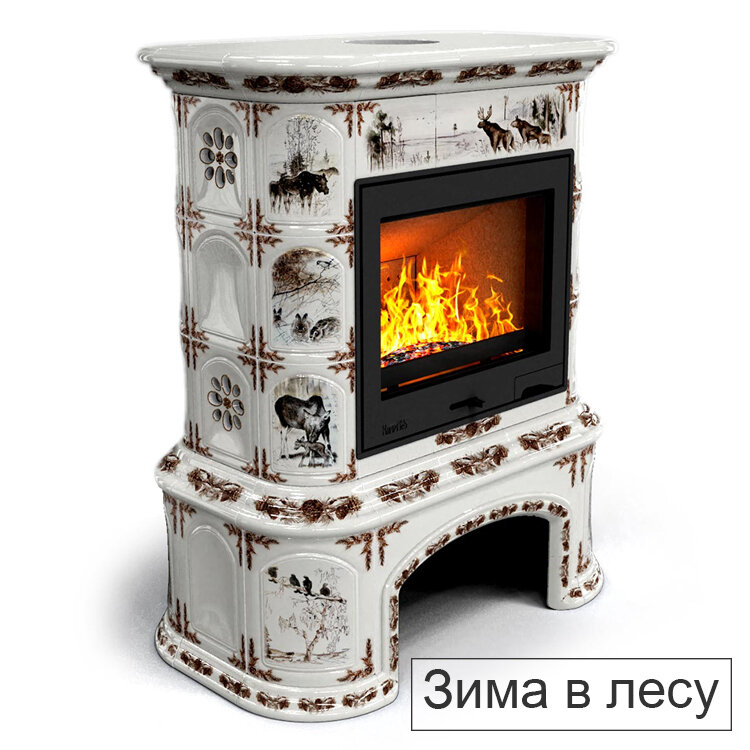 Каминная облицовка КимрПечь Прованс с дровником центральная Л-600(Исполнение Роспись, Цвет / Декор Зима в лесу)