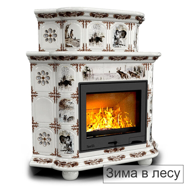 Каминная облицовка КимрПечь Прованс угловая декоративная двухъярусная(Исполнение Роспись, Цвет / Декор Зима в лесу)