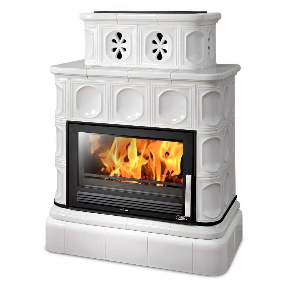 Кафельная печь-камин ABX Karelie (кафельный цоколь) с теплообменником (10 кВт в воду)(Перламутр)