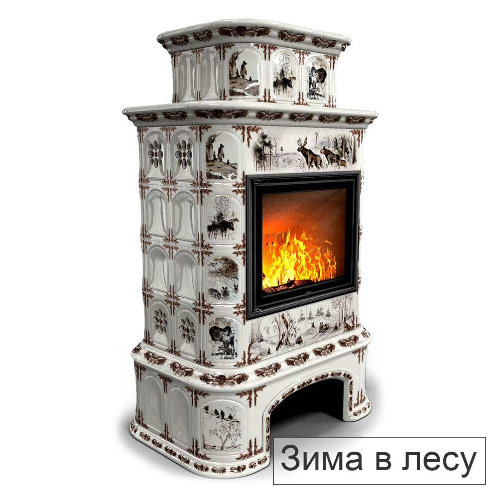 Каминная облицовка КимрПечь Прованс с дровником пристенная двухъярусная МЛ-700(Исполнение Роспись, Цвет / Декор Зима в лесу)