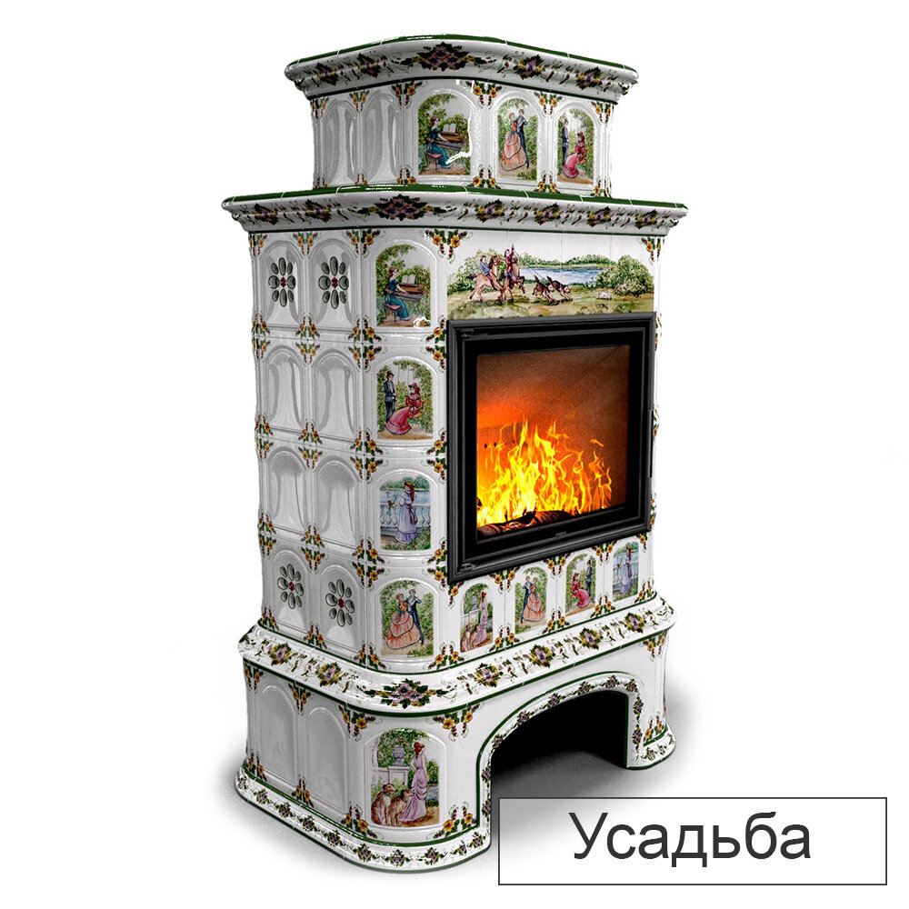 Каминная облицовка КимрПечь Прованс с дровником пристенная двухъярусная МЛ-700(Исполнение Роспись, Цвет / Декор Усадьба)