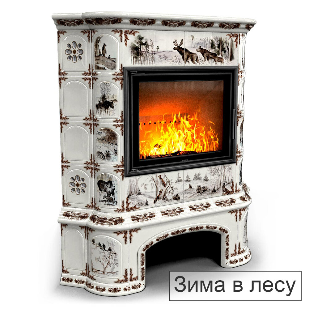 Каминная облицовка КимрПечь Прованс с дровником угловая МЛ-700(Исполнение Роспись, Цвет / Декор Зима в лесу)
