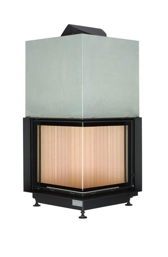 Каминная топка Brunner Eck-Kamin 51/52/52 с подъемом (стекло - угловое)(Чугунный дымосборник ø 200mm с монтажной черной рамой 70 мм)
