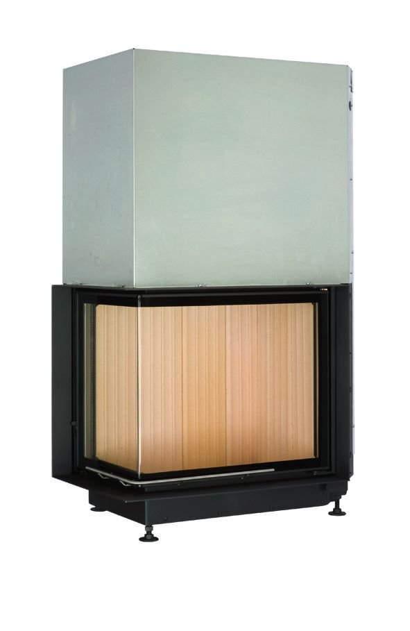 Каминная топка Brunner Eck-Kamin 57/67/44 с подъемом (стекло - угловое левое)(Чугунный дымосборник ø 200mm с монтажной черной рамой 70 мм)