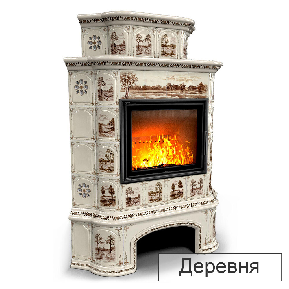 Каминная облицовка КимрПечь Прованс с дровником угловая двухъярусная МЛ-700(Исполнение Роспись, Цвет / Декор Деревня)