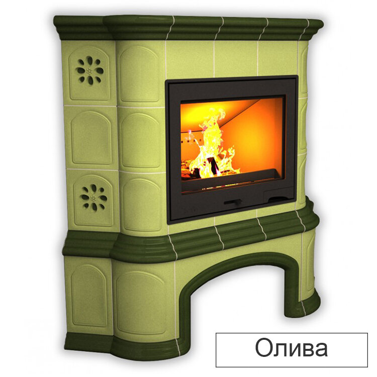 Каминная облицовка КимрПечь Прованс с дровником угловая Л-600(Исполнение Однотонный B, Цвет / Декор Олива [D4])