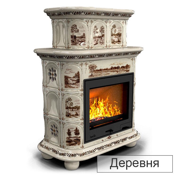Каминная облицовка КимрПечь Прованс центральная декоративная двухъярусная(Исполнение Роспись, Цвет / Декор Деревня)